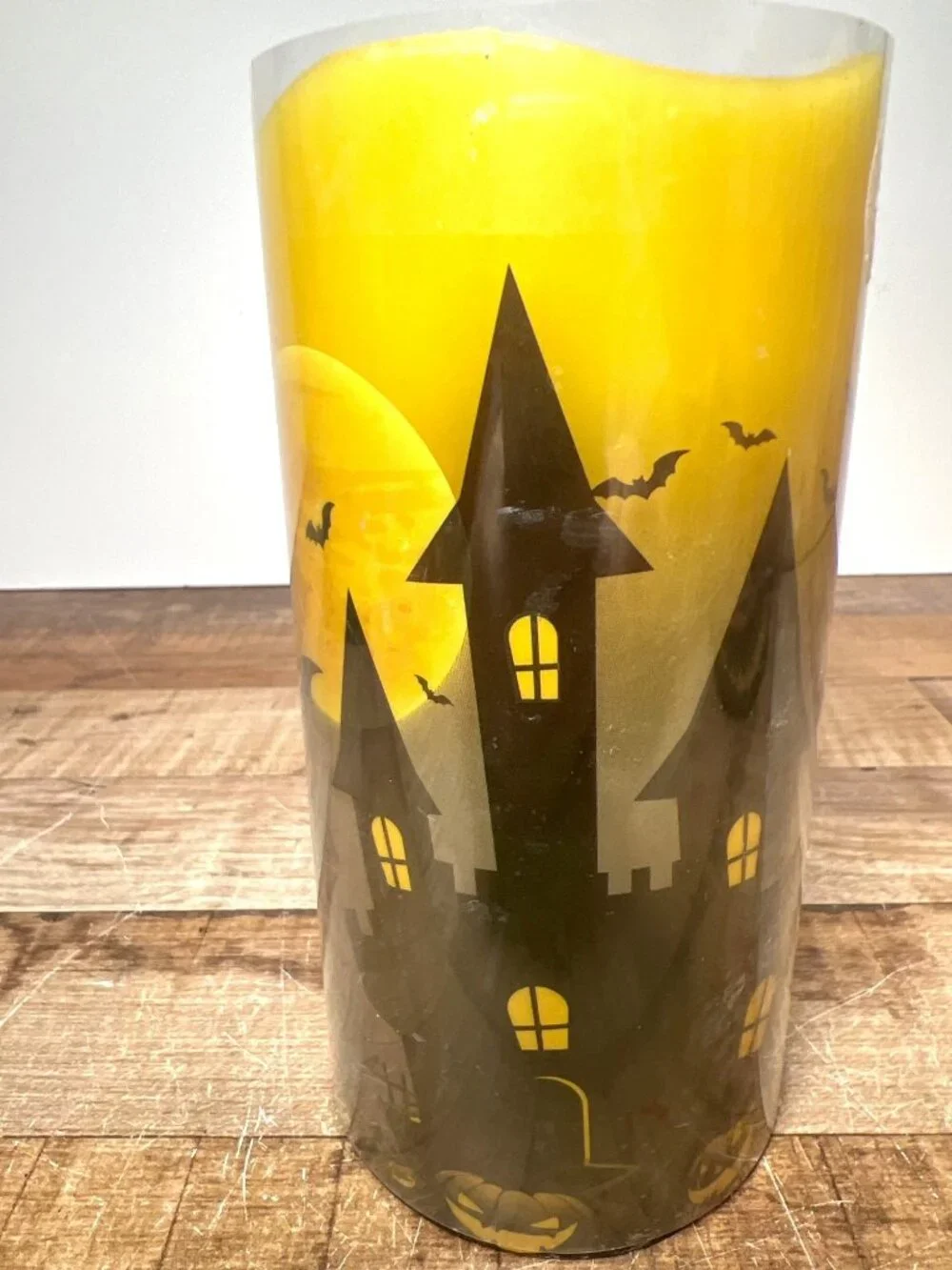 Halloween LED Flameless Candle With Haunted House & Bats Design Battery-Operated